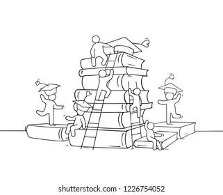 Sketch studing little people. Doodle cute miniature of stack of books. Hand drawn cartoon vector illustration for business and education design.
