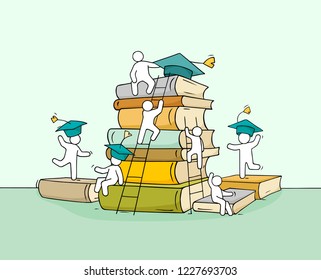 Sketch studing little people. Doodle cute miniature of stack of books. Hand drawn cartoon vector illustration for business and education design.