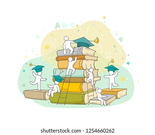 Sketch studing little people. Doodle cute miniature of stack of books. Hand drawn cartoon vector illustration for business and education design.