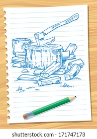 Sketch of stump and ax.