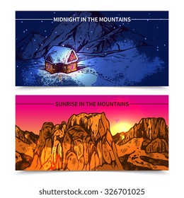 Sketch style 2 banners presenting winter midnight in mountains and sunrise in like canyon mountains vector illustration