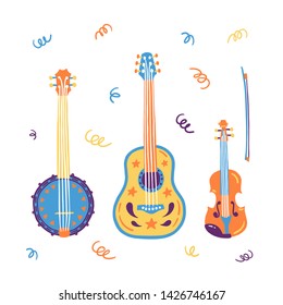 Sketch style acoustic guitar, banjo, violin, fiddle. Hand drawn vector illustration. Elements for Live music festival.