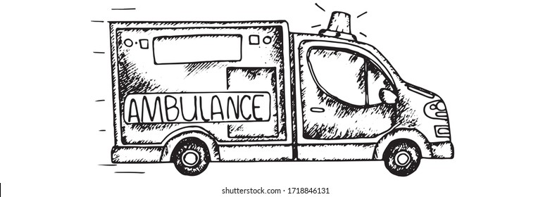 Sketch style ambulance car on a white background. Paramedics go to an emergency call. Vector stock illustration for decoration and design. Image of medical orientation for books, brochures, banners.