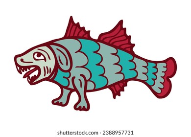 Sketch style ancient sea monster dog fish with paws and ears doodle. Perfect for tee, sticker, card, poster. Hand drawn isolated vector illustration.



