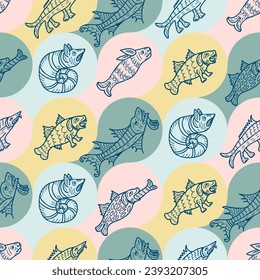 Sketch style ancient sea monsters and beasts seamless pattern. Mysterious print for tee, paper, textile and fabric. Doodle vector illustration.
