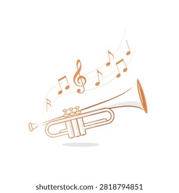 A sketch style artistic drawing of a brass trumpet instrument surrounded by musical notation symbols on a white background