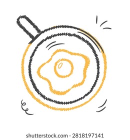 A sketch style artistic drawing of a single sunny side up egg cooking in a round frying pan viewed from above.