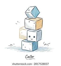A sketch style artistic illustration featuring a precarious stack of sugar cubes with one cube displaying a cheerful smiling face on a white background