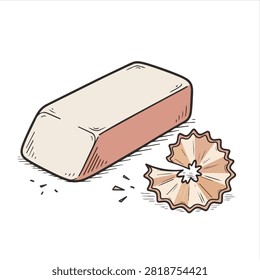 A sketch style artistic representation of a rectangular eraser placed next to a wooden pencil shaving on a white background