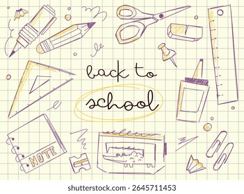 Sketch style back to school poster with handwritten text and school elements. Notebook, pencil, glue, and ruler arranged on grid background