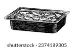 Sketch style baking dish with potatoes. Black and white baking tray with food. Engraving style kitchenware. Hand drawn kitchen utensils with baked food
