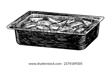 Sketch style baking dish with potatoes. Black and white baking tray with food. Engraving style kitchenware. Hand drawn kitchen utensils with baked food
