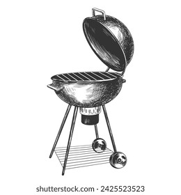 Parrilla de barbacoa estilo boceto aislada sobre fondo blanco. Parrilla de barbacoa estilo grabado con tapa. Equipo para picnic. Ilustración vectorial.