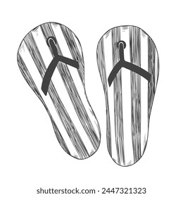 Sketch style beach sandals. Hand drawn beach slippers. Black and white flip flops