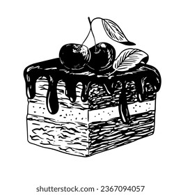 Sketch style black forest cake with glaze. Black and white cherry chocolate cake. Engraving style brownie. Schwarzwald cake. Hand drawn bakery. Dessert illustration