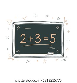 A sketch style blackboard showing the addition math problem two plus three equals five