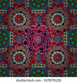 Sketch style blue, brown and red color flowers repeatable motif. Hand drawn vector floral seamless pattern for surface design, wrapping paper, fabric, background.