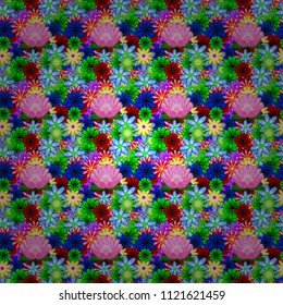 In sketch style blue, green and red colors. Seamless floral pattern with cute doodles flowers. Vector illustration. Collection of hand drawn flowers and plants. Vector illustration.