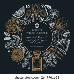 Sketch style botanical gift card template. Vintage perfume and cosmetic frame design. Hand-drawn vector illustration. Aromatic plants and flower sketches. NOT AI generated