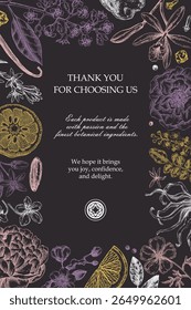 Sketch style botanical gift card template. Vintage perfume and cosmetic frame design. Hand-drawn vector illustration. Aromatic plants and flower sketches. NOT AI generated