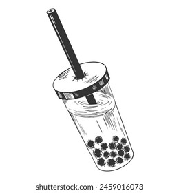 Sketch style bubble tea. Engraved vintage illustration of boba tea. Tea with tapioca balls in a transparent glass with a straw. Take-away drink