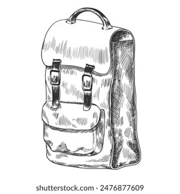 Sketch style camping backpack. Hand drawn hiking rucksack. Black and white illustration of backpack