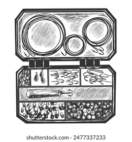 Sketch style case with fishing tackle. Black and white engraved illustration with an open suitcase with hooks, fishing line, bait for fishing