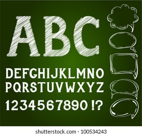 Sketch style chalk alphabet with numbers and marks, based on my original hand-drawn font, plus speech bubbles, EPS-8