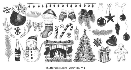 Sketch style Christmas set. Collection of christmas hand drawn decorations. Vintage style sock, fireplace, Santa hat, Christmas tree, Santa bag with gifts, Christmas decorations, snowman, mittens