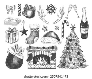 Sketch style Christmas set. Collection of Christmas hand drawn decorations. Vintage style sock, Santa's hat, gift box, Santa's bag, Christmas toys, tree, bow, deer antlers, candy, fireplace, champagne