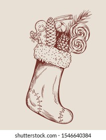 Sketch style christmas stocking filled with gingerbread cookie, conifer cone, cinnamon sticks, lollipops and cotton. Holiday vector