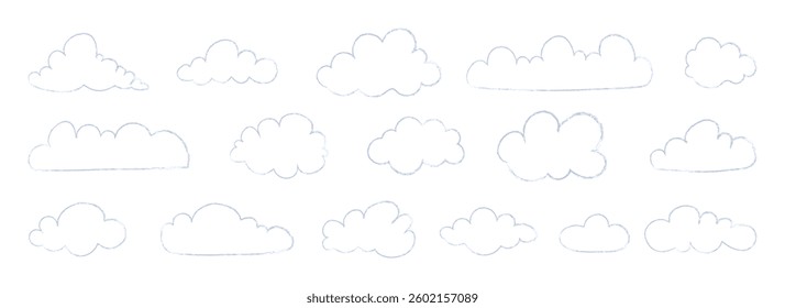 Sketch style cloud set with soft pencil texture. Cute blue weather elements in doodle style. Hand drawn outline clouds. Minimal spring design. Flat vector illustration isolated on white background.