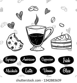 sketch style of coffee menu with cookies and slice cake illustration on white background