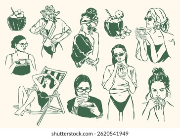 Sketch style collection of female silhouettes.	