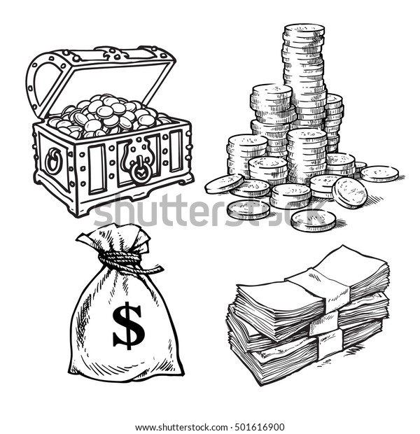 お金の記号のスケッチスタイルコレクション 古い箱に宝物 金貨の山 ドル札の山 白い背景に手描きの漫画のベクターイラスト のベクター画像素材 ロイヤリティフリー
