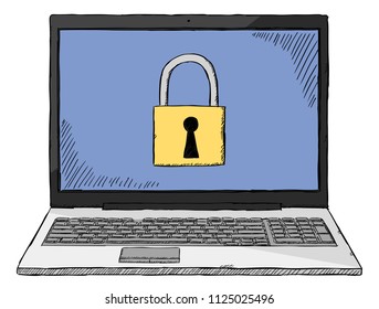 Sketch style colorful illustration of laptop with safety lock on screen. Hand drawn vector illustration.