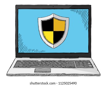 Sketch style colorful illustration of notebook with safety protection. Hand drawn vector illustration on transparent background.