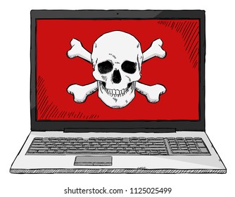 Sketch style colorful illustration of notebook with computer virus. Hand drawn doodle vector illustration on transparent background.