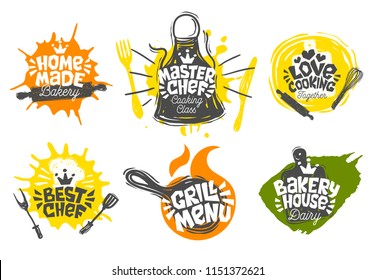 Sketch style cooking lettering icons set. For badges, labels, logo, bakery, street festival, farmers market, country fair, shop, kitchen classes, cafe, food studio. Hand drawn vector illustration.