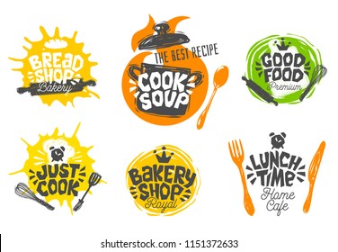 Sketch style cooking lettering icons set. For badges, labels, logo, bread shop, bakery, street festival, farmers market, country fair, shop, kitchen classes, cafe, food studio. Hand drawn vector