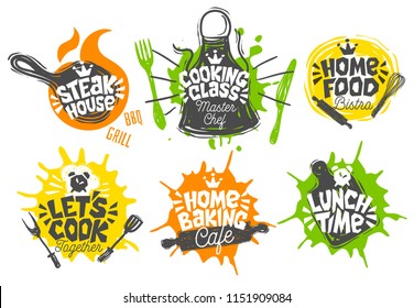 Sketch style cooking lettering icons set. For badges, labels, logo, bakery shop, grill, street festival, farmers market, country fair, shop, kitchen classes, cafe, food studio. Hand drawn vector