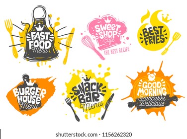 Sketch style cooking lettering icons set. For badges, labels, logo, sweet, bakery, snack bar, street festival, farmers market, country fair, shop, kitchen classes, cafe, food studio. Hand drawn vector