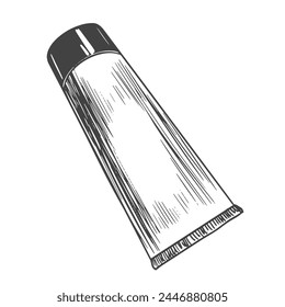 Sketch style cream tube isolated on white background. Hand drawn cream packaging. Engraved illustration of cosmetic tube