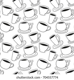 Sketch style cups seamless pattern. Line art teatime