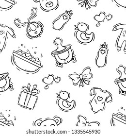 sketch style of cute baby icons in seamless pattern
