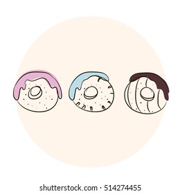 Sketch style donut. Vector set donuts isolated on a light background in a modern flat style.