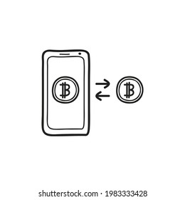 Dibujar el doodle de estilo de Bitcoin digital, dentro y fuera de la flecha del móvil. Ilustración del vector del doodle dibujado a mano sobre fondo blanco.