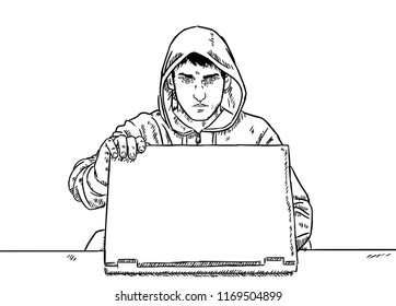 sketch style doodle of hacker opening, laptop