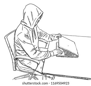 sketch style doodle of hacker opening laptop on his desk