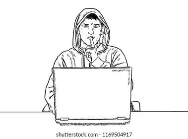 sketch style doodle of hacker sitting in front of his laptop and saying shush 